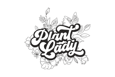 Plant Lady floral quote embroidery, retro bold lettering with botanical flowers, leaves and butterfly, single color