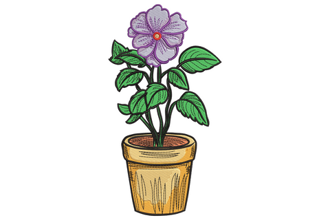 Plant pot flower embroidery with a single lavender purple bloom rising from a terracotta clay pot with broad green leaves.