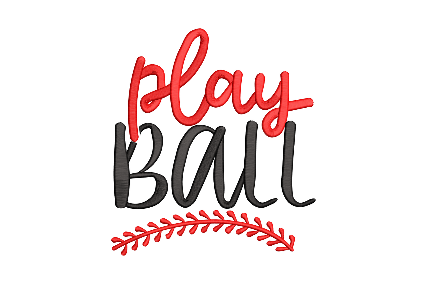 Play Ball baseball script embroidery design, red casual script over chunky black block letters with red baseball stitch swoosh
