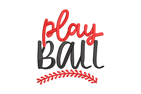 Play Ball baseball script embroidery design, red casual script over chunky black block letters with red baseball stitch swoosh