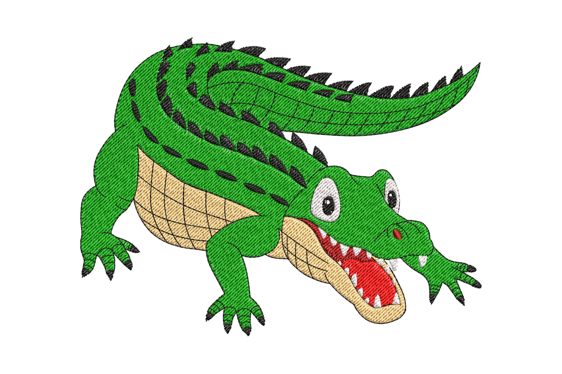 Playful cartoon crocodile full body embroidery design with lime green scales and mint belly, dancing pose.