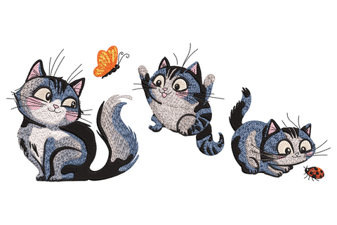 Three cartoon grey tabby kittens embroidery design with one watching an orange butterfly and one chasing a red ladybug.