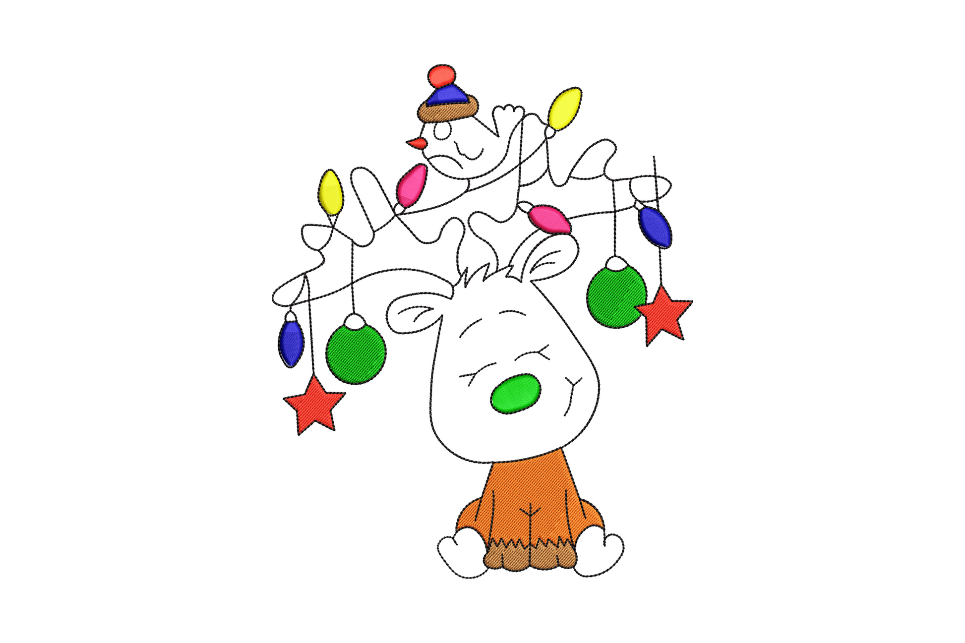 Playful cartoon Christmas reindeer embroidery design in pom-pom hat tangled in colorful holiday lights, 9 colors