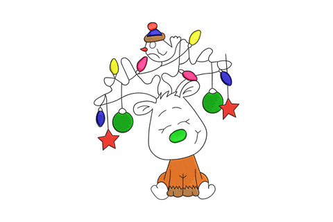 Playful cartoon Christmas reindeer embroidery design in pom-pom hat tangled in colorful holiday lights, 9 colors