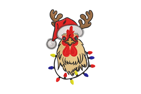 Country christmas rooster embroidery with santa hat brown reindeer antlers and string of red yellow and blue bulb lights.