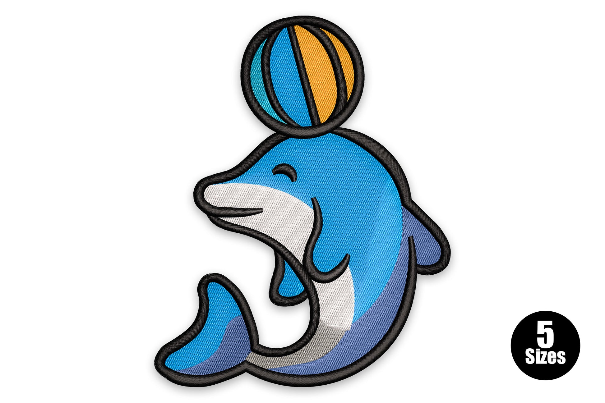 Playful dolphin with ball embroidery -- round blue cartoon dolphin balancing striped ball, pink mouth, 6 colours