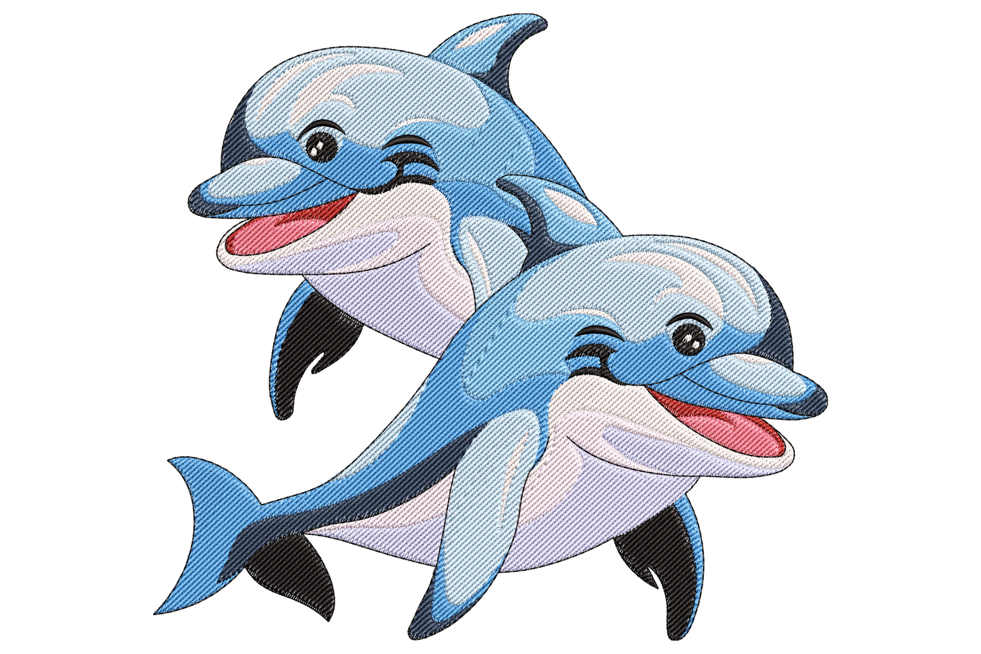 Embroidery design of two cartoon bottlenose dolphins mid-leap with grinning pink mouths, blue backs and cream bellies