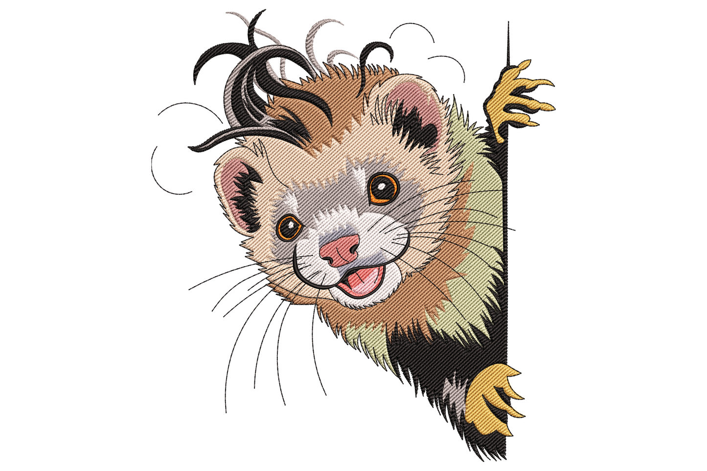 Playful ferret peeking round corner with paws gripping edge and happy open mouth, cheeky pet illustration embroidery