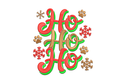Ho Ho Ho Christmas embroidery design, bold red and green stacked script letters with gold snowflakes and paw prints
