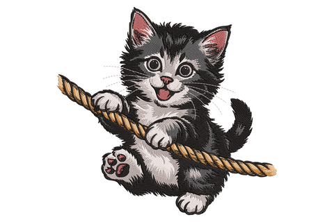 Black and white tuxedo kitten embroidery design hanging from a thick tan rope with both front paws and an open excited mouth.