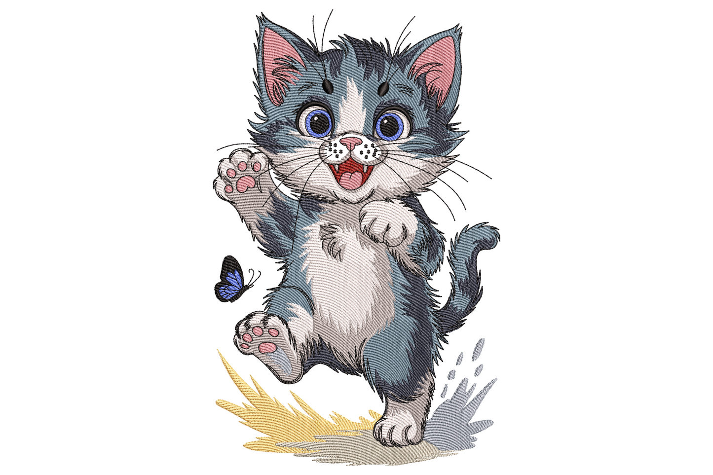 Grey white cartoon kitten with blue eyes mid-pounce reaching toward a small blue butterfly on yellow grass tuft