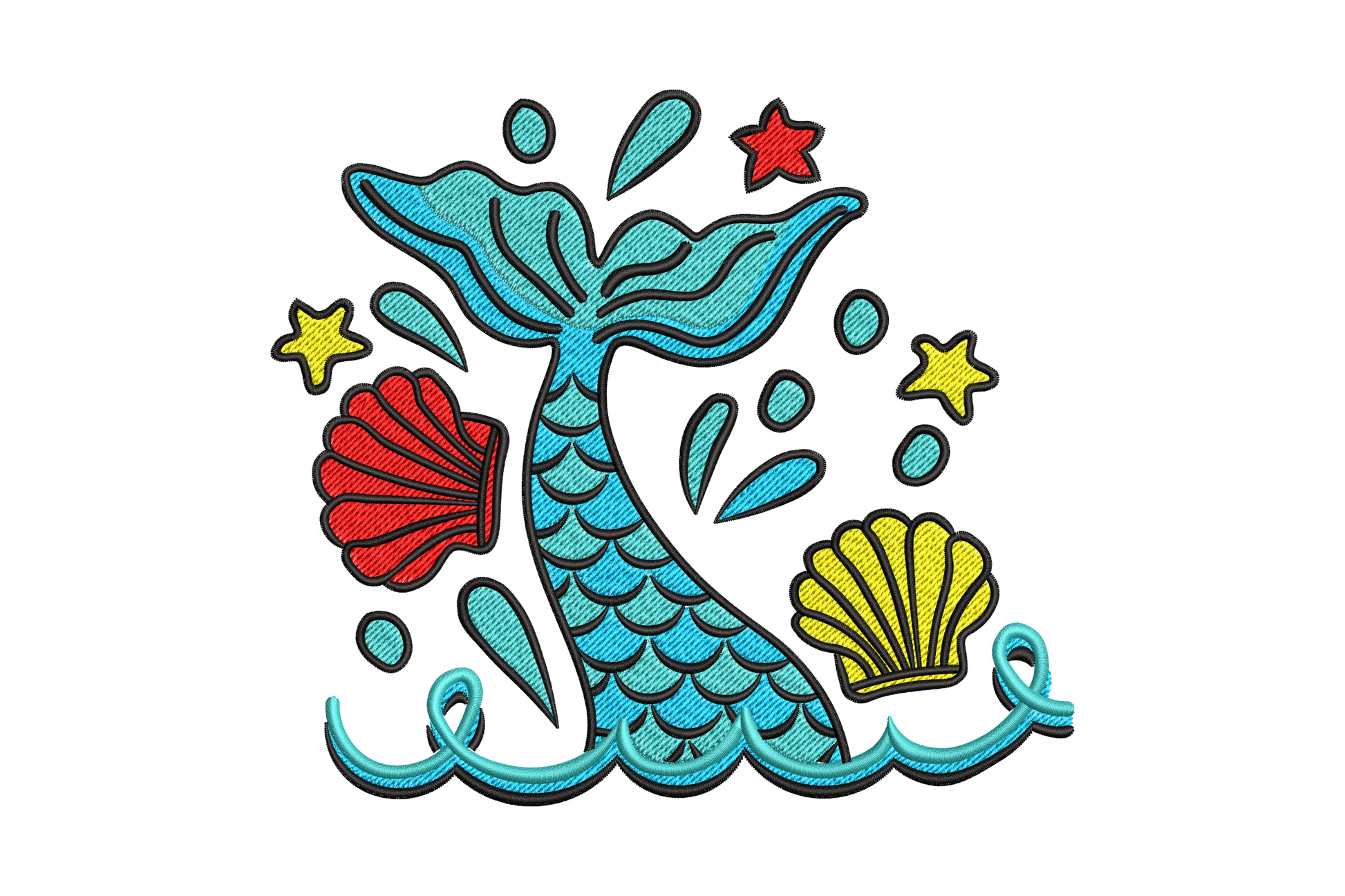 Playful mermaid tail splash embroidery, aqua scaled tail with red and yellow clam shells and water droplets, 5 colour design