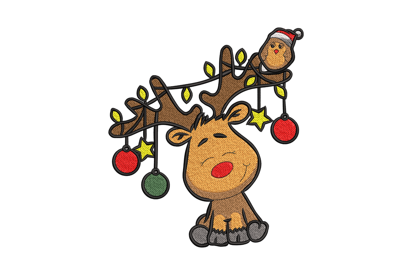 Playful reindeer with twinkling christmas lights embroidery design, 9 colors with multicolor bulbs, 5 sizes from 3.5 to 7.5 inches wide