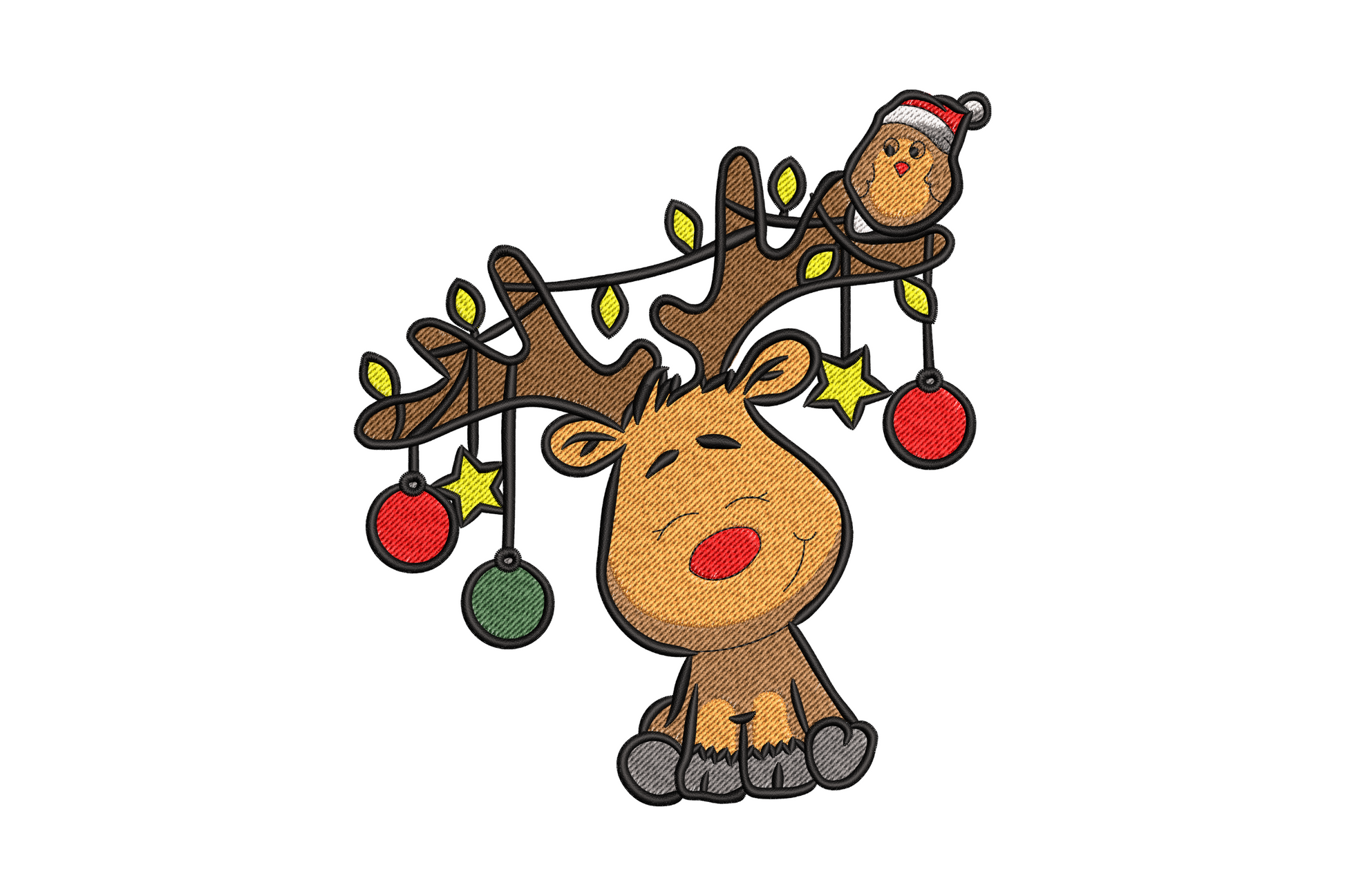 Playful reindeer with twinkling christmas lights embroidery design, 9 colors with multicolor bulbs, 5 sizes from 3.5 to 7.5 inches wide