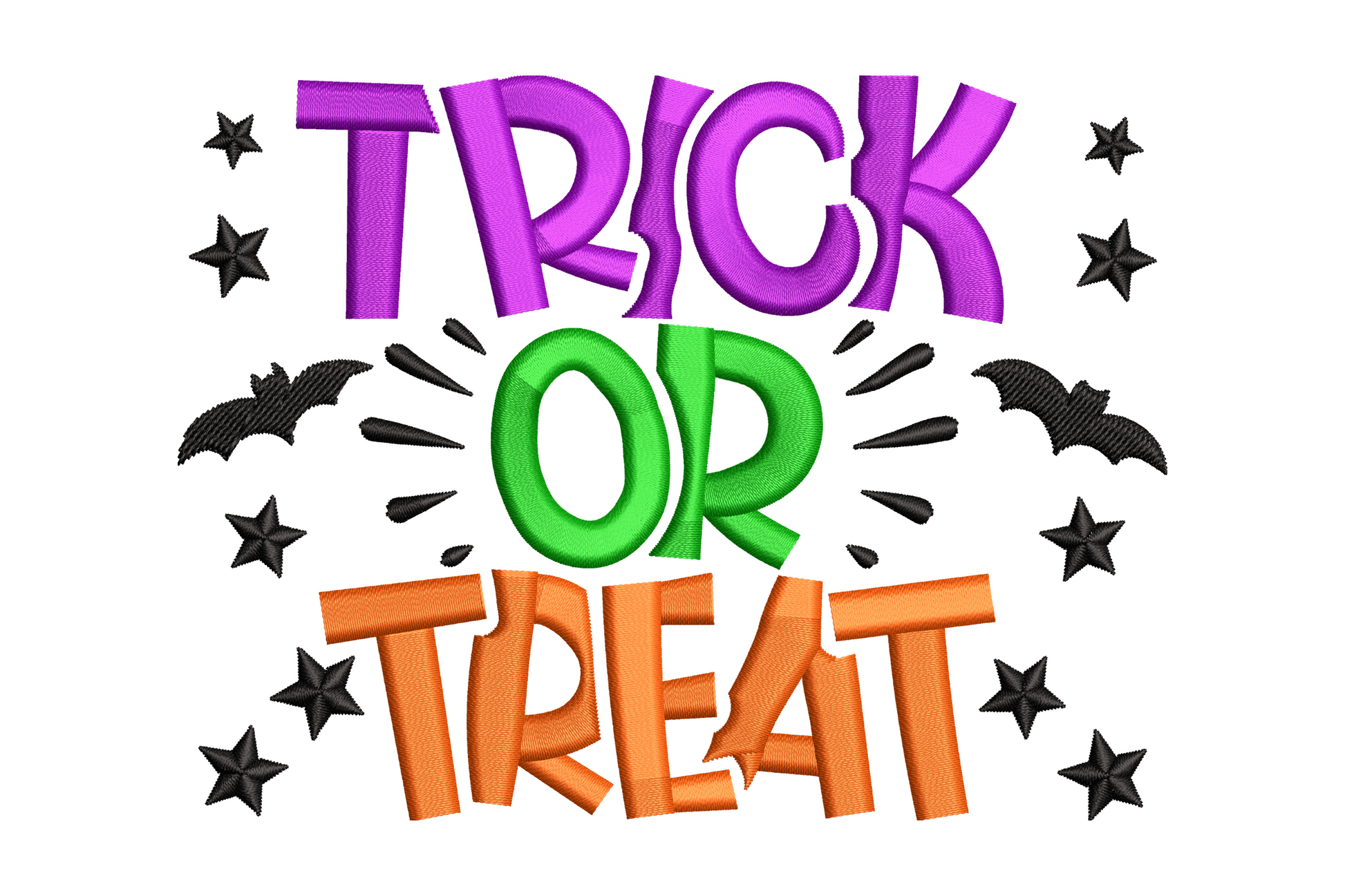 Trick or treat bold chunky lettering embroidery design in purple green and orange with black bats and stars