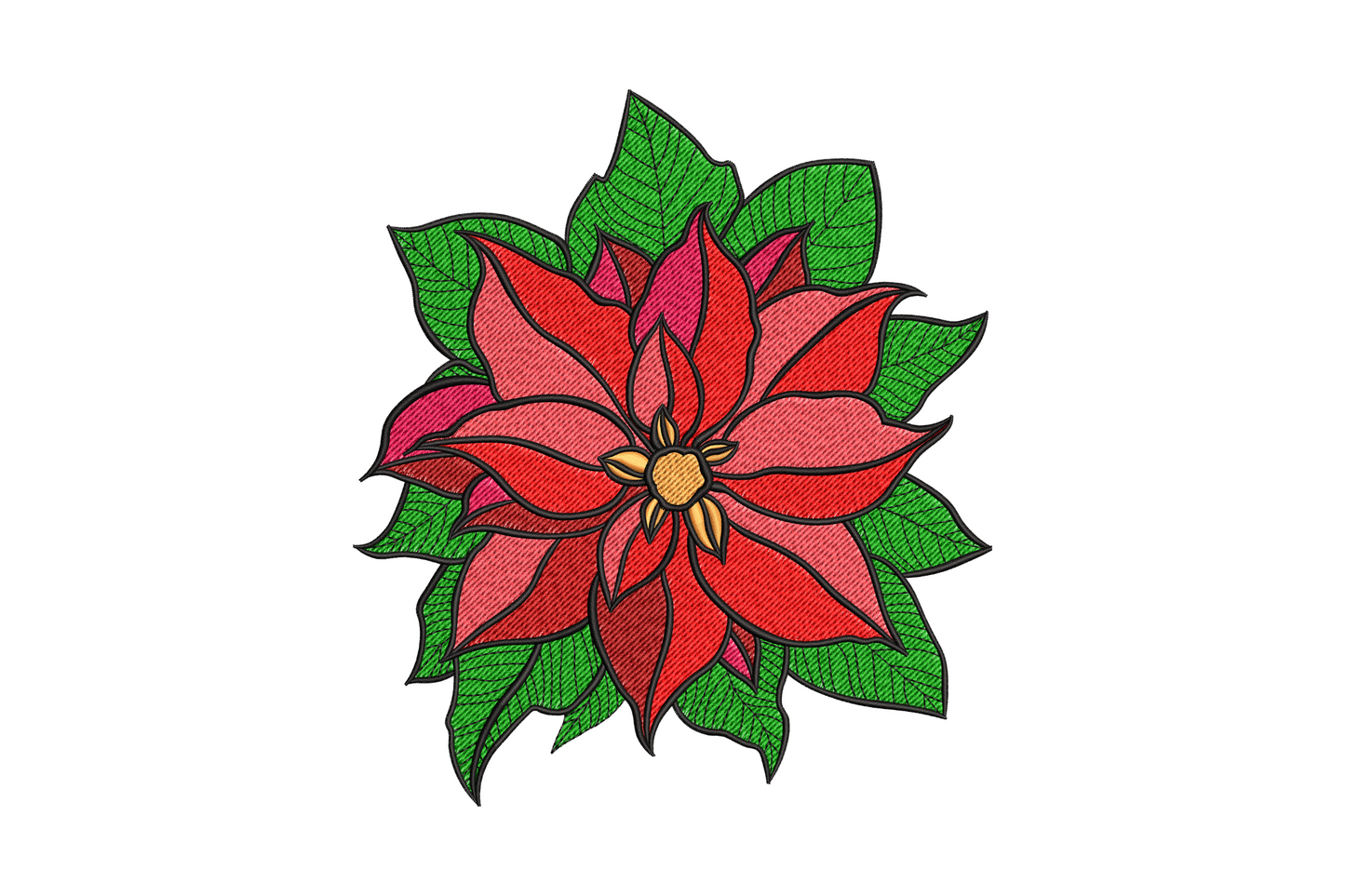 Poinsettia flower embroidery design with layered crimson red bracts, dark green veined leaves and small amber centre cluster.