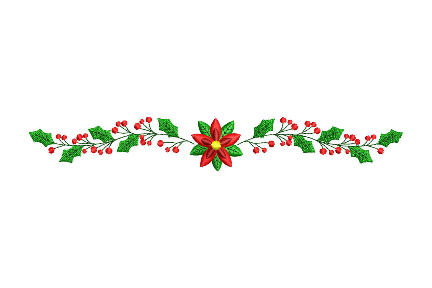 Poinsettia and holly border embroidery design in 7 colours including deep red, coral, two greens and gold centre, 4 sizes up to 7.5 inches tall