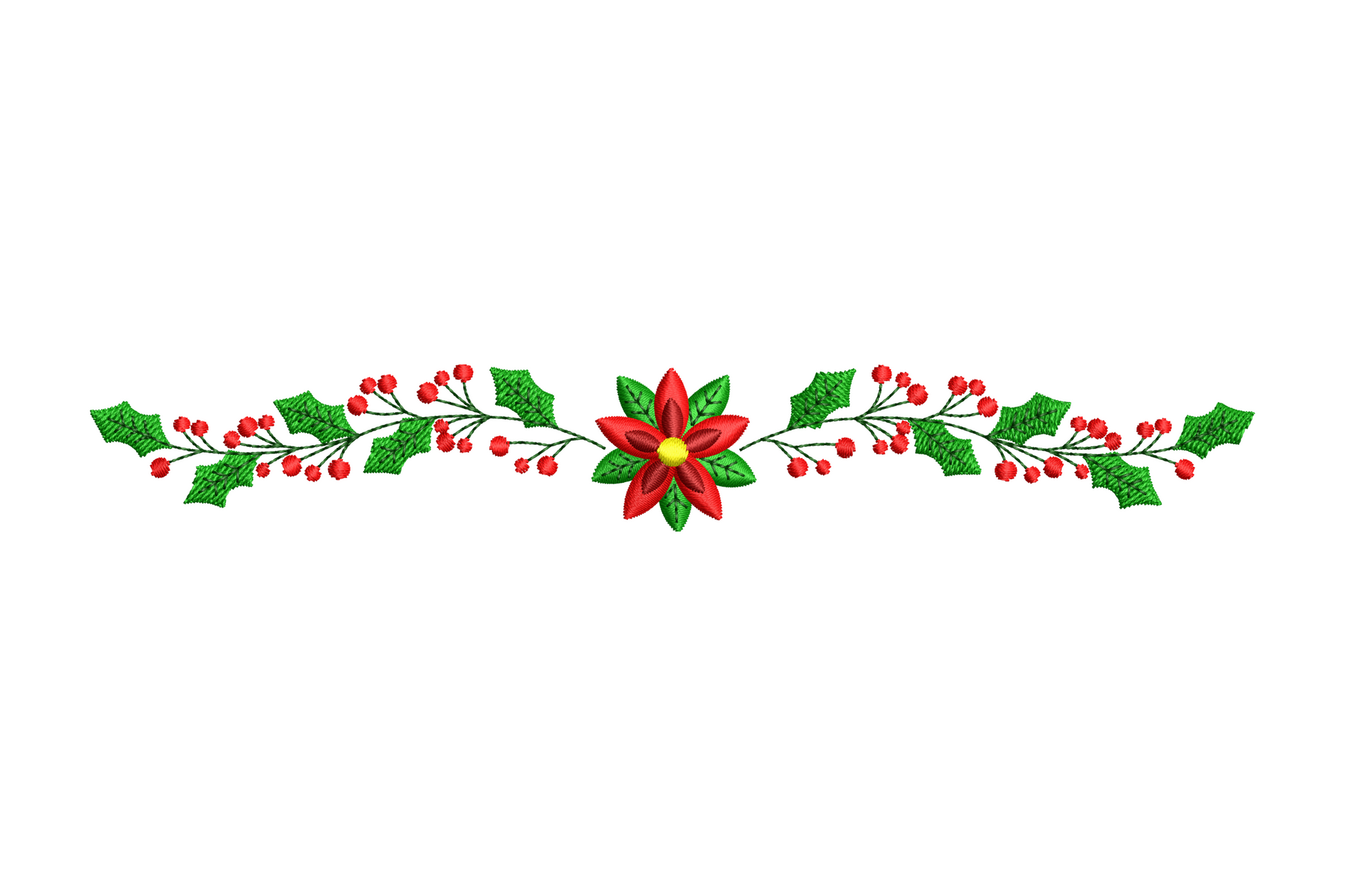 Poinsettia and holly border embroidery design in 7 colours including deep red, coral, two greens and gold centre, 4 sizes up to 7.5 inches tall