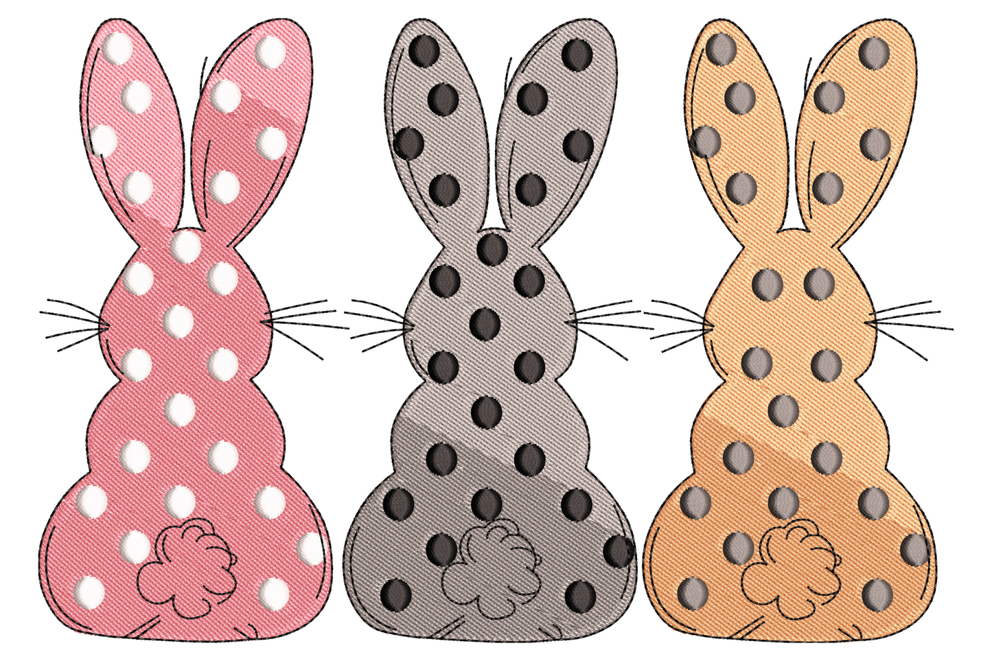 Polka dot bunnies embroidery design, three sitting rabbits in pink, grey, and tan with dotted bodies and fluffy white tails