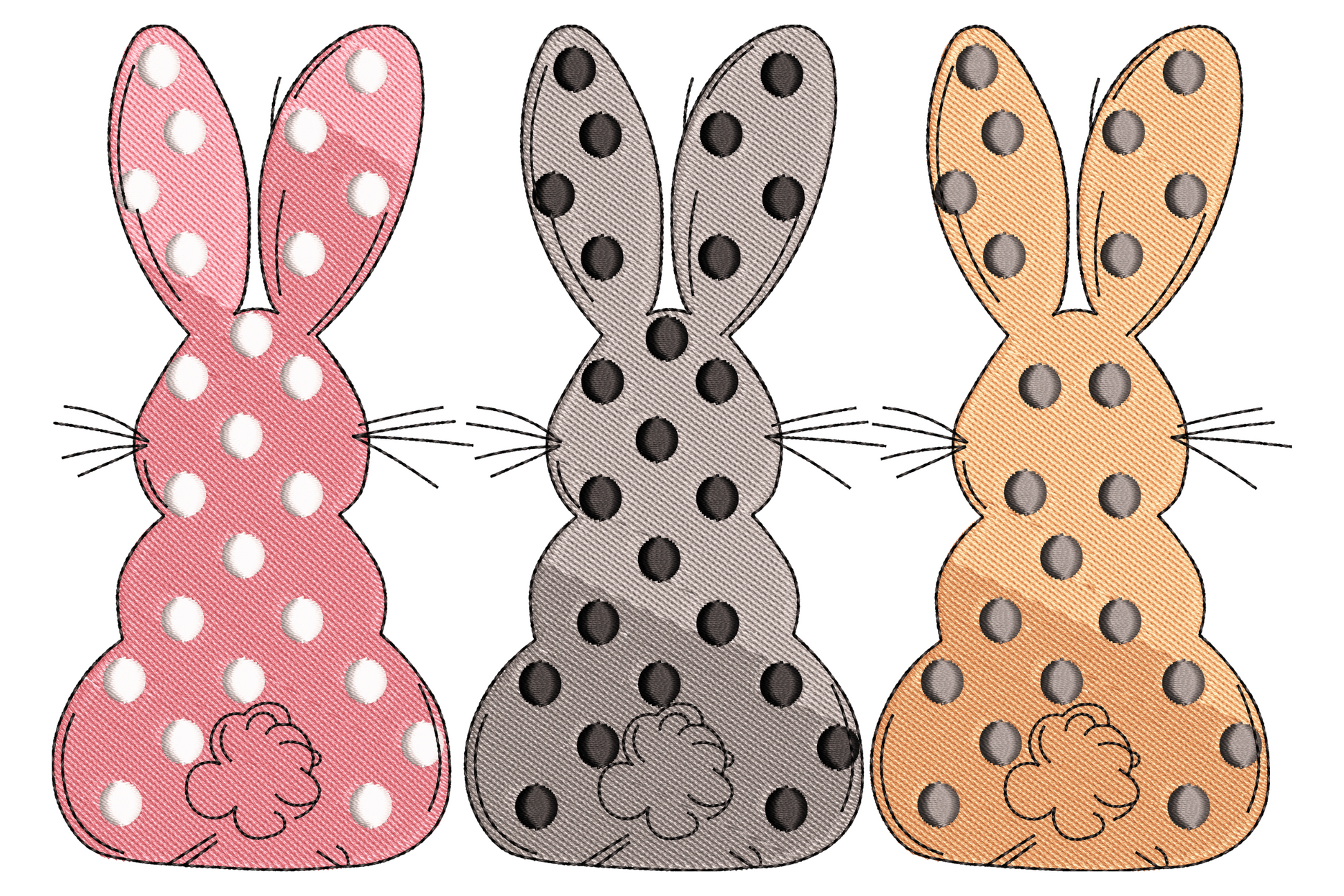 Polka dot bunnies embroidery design, three sitting rabbits in pink, grey, and tan with dotted bodies and fluffy white tails