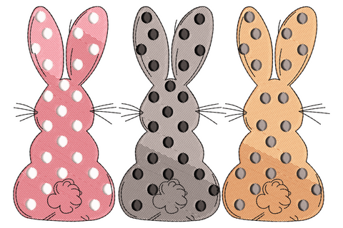 Polka dot bunnies embroidery design, three sitting rabbits in pink, grey, and tan with dotted bodies and fluffy white tails