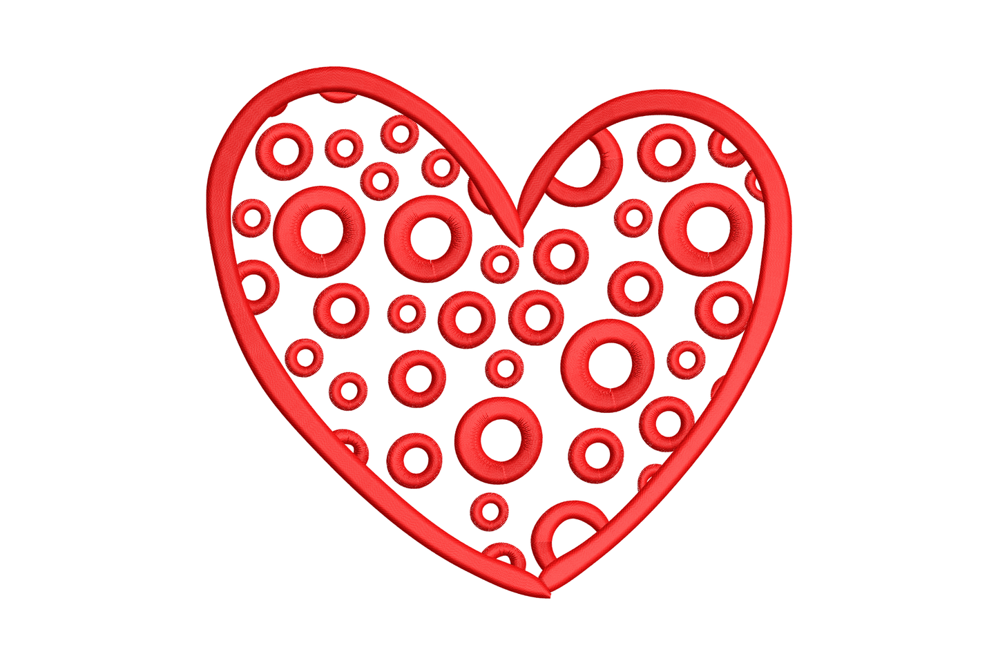 Polka dot heart embroidery design, satin ring circles filling heart outline, single colour, 6 sizes from 1.38 to 5.92 inches