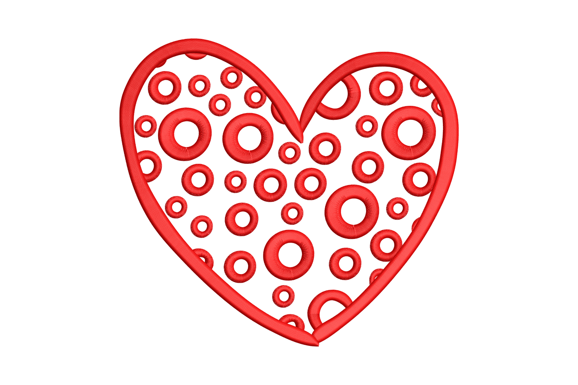 Polka dot heart embroidery design, satin ring circles filling heart outline, single colour, 6 sizes from 1.38 to 5.92 inches