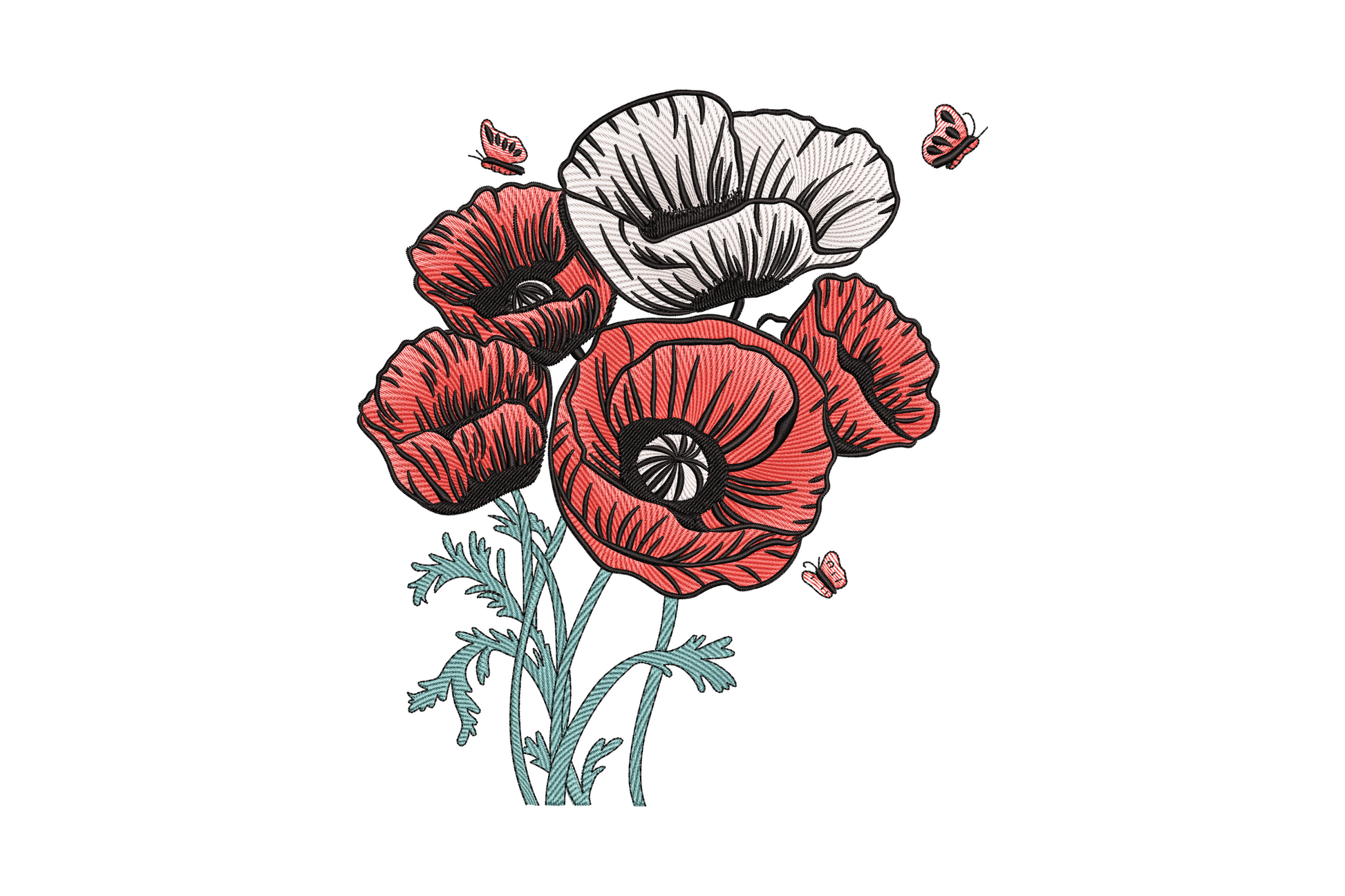 Poppy flower embroidery design, scarlet petals and dark centre, 4 colours, 4 sizes 4.51 to 7.51 inches, botanical style