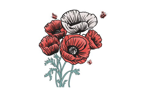Poppy flower embroidery design, scarlet petals and dark centre, 4 colours, 4 sizes 4.51 to 7.51 inches, botanical style