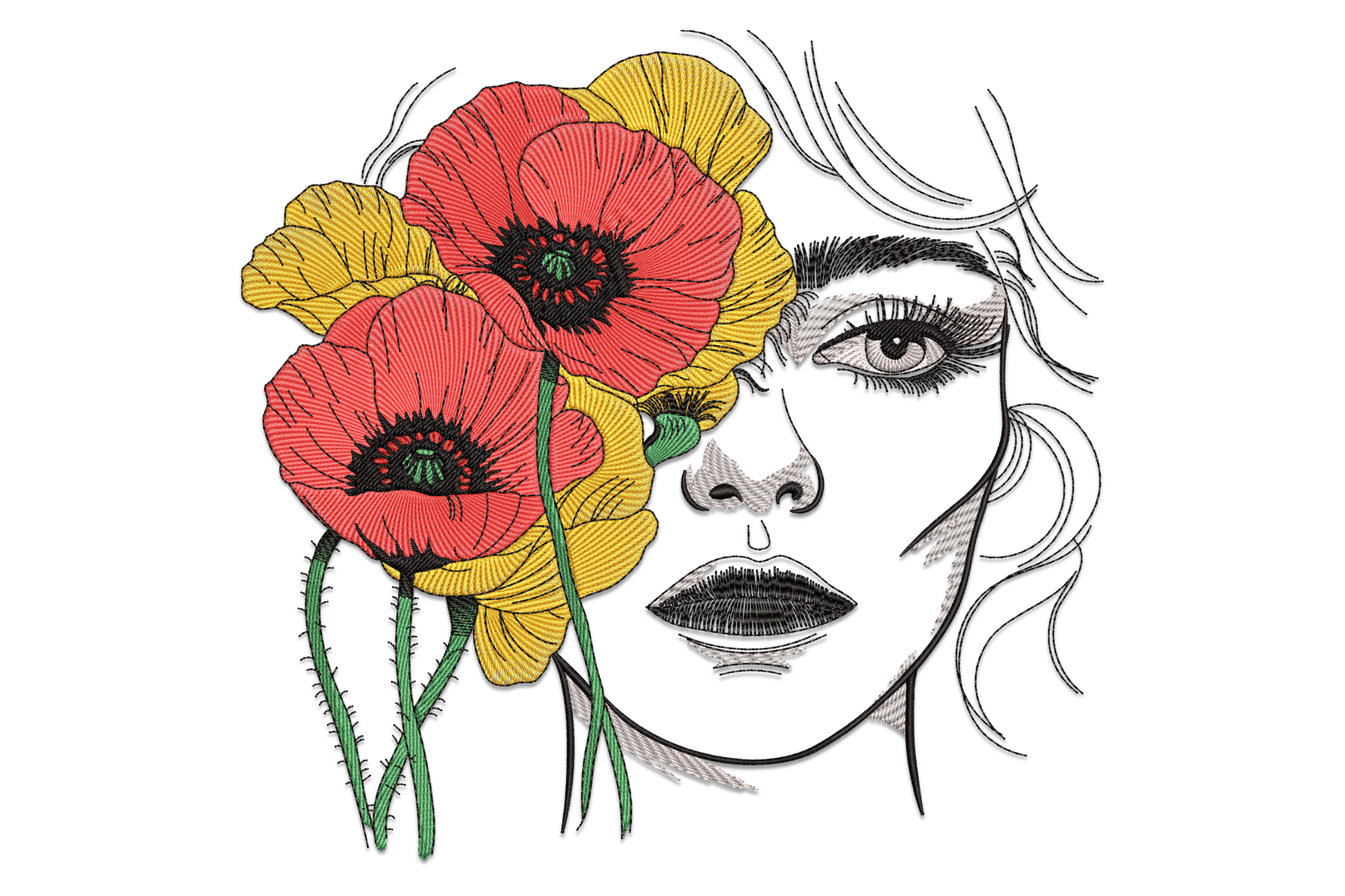 Three bold red poppy flowers on stems with a minimal line-art woman face in profile beside them, machine embroidery design on white background