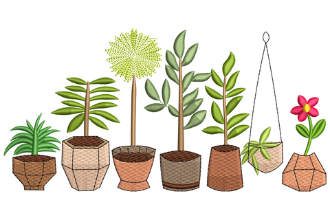 Row of seven potted houseplants embroidery with palms ferns succulent topiary and hanging glass air plant in terra cotta pots