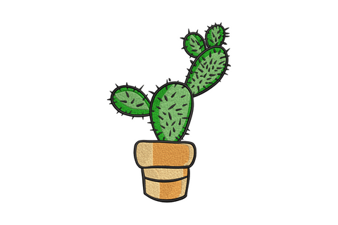 Potted prickly pear cactus embroidery design, round green lobes with spine dots over a terracotta two-tone pot, 7 colors