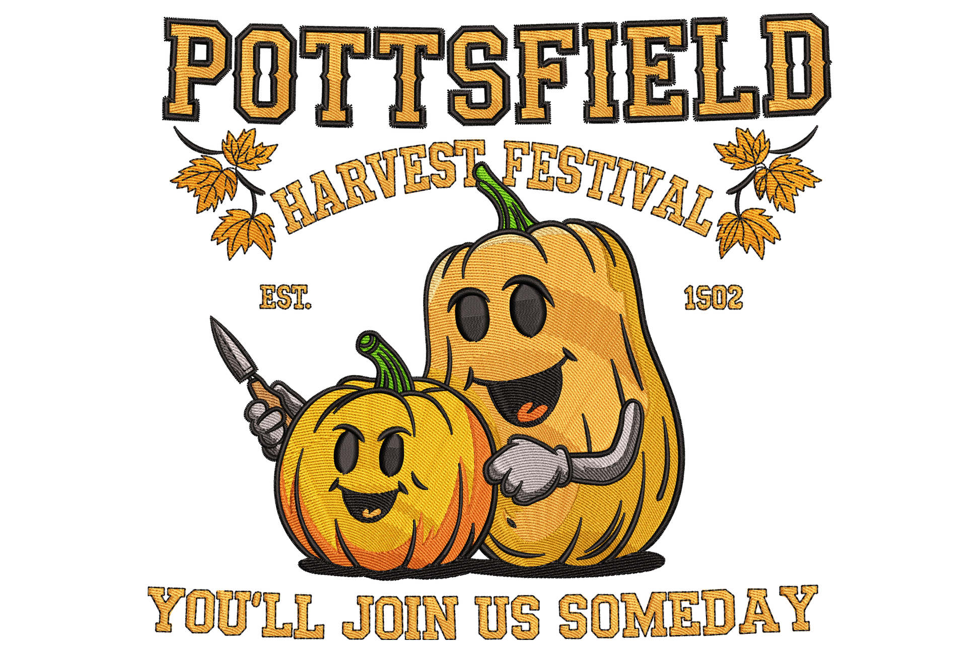 Pottsfield Harvest Festival embroidery design, folk-art halloween pumpkin character harvest scene, thirteen colour palette, 3.51 by 3.21 inch near-square composition.