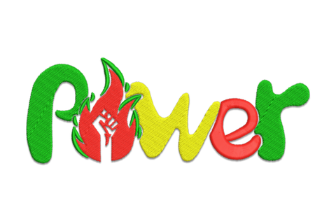 Power fist pan african embroidery design, chunky bubble Power letters in green yellow red with raised fist inside flame O.