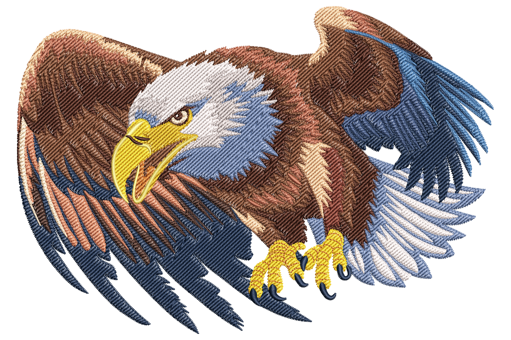 Powerful bald eagle embroidery design mid-dive, wings spread, layered brown and navy feathers, white head and yellow beak.
