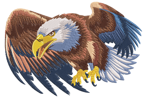 Powerful bald eagle embroidery design mid-dive, wings spread, layered brown and navy feathers, white head and yellow beak.