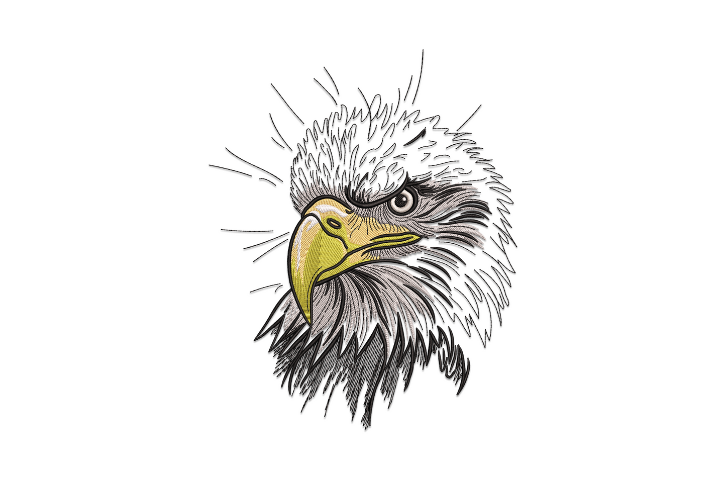 Bald eagle head embroidery, sketchy naturalist style, olive-gold hooked beak and cream white feathers radiating outward.