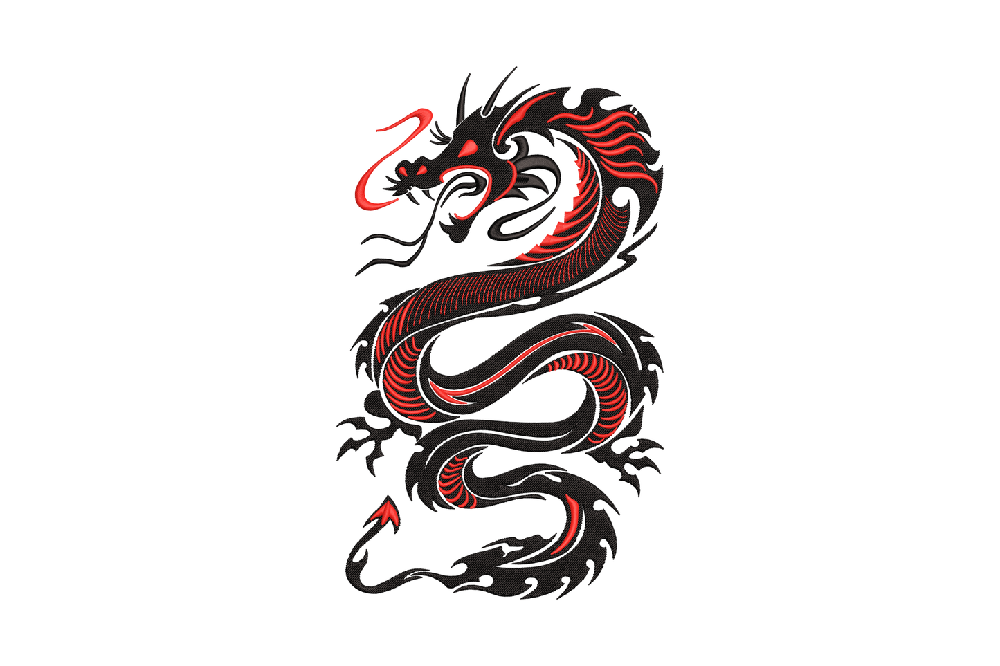Chinese dragon embroidery design, bold coiled dragon body in black satin fill with red flame accents, tattoo-style illustration with sharp outlines