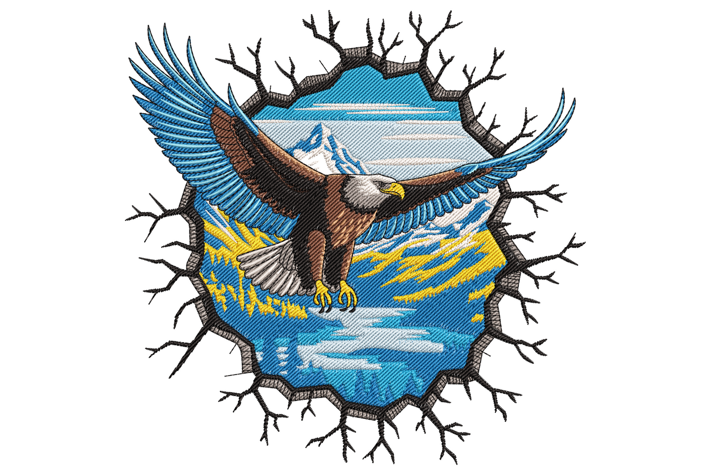 Bald eagle in flight inside a cracked stone medallion embroidery design with mountain backdrop, brown feathers and sky blue fill.