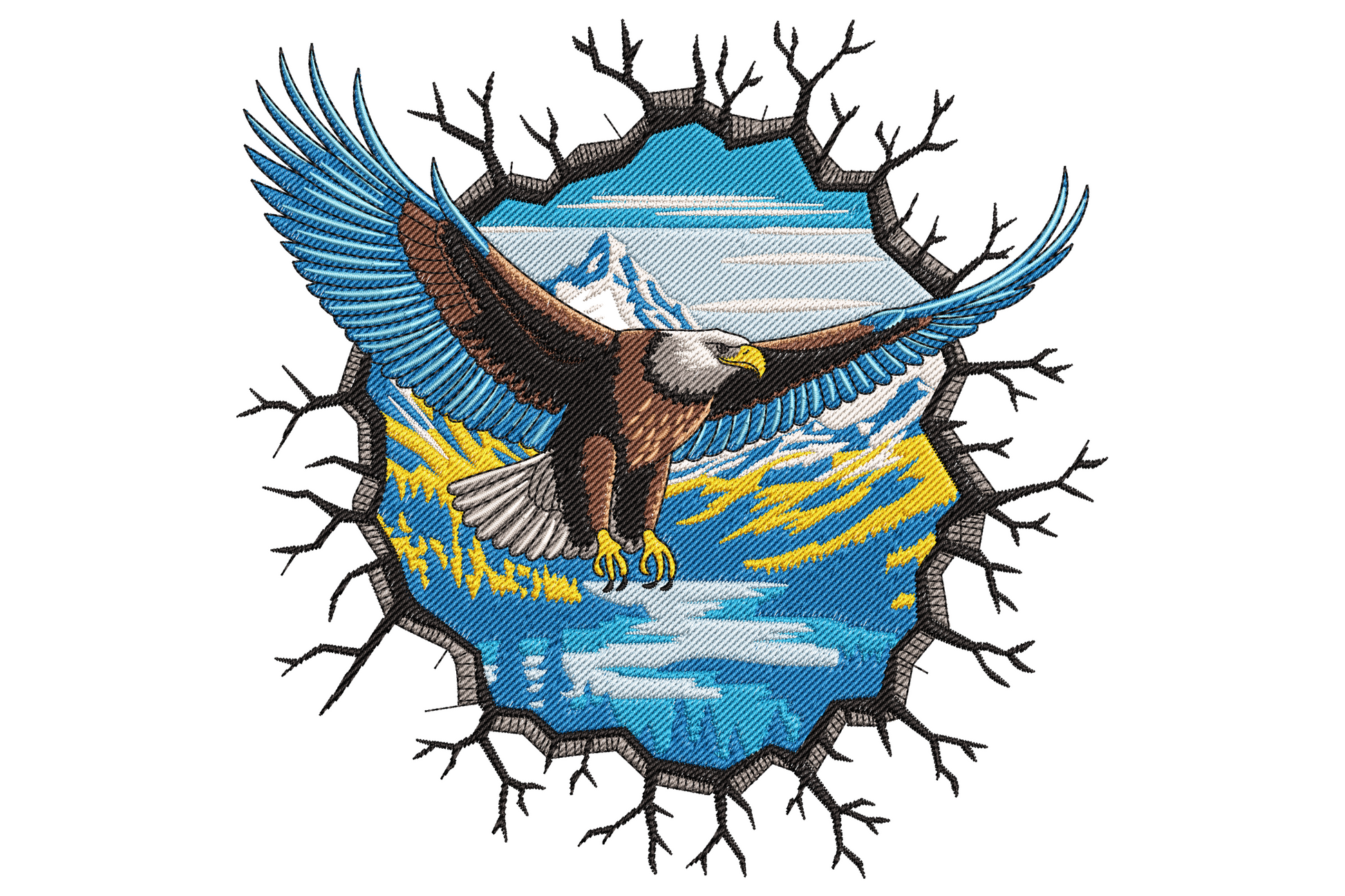 Bald eagle in flight inside a cracked stone medallion embroidery design with mountain backdrop, brown feathers and sky blue fill.