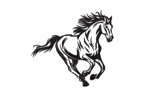 Single colour running horse embroidery design in bold directional satin stitch, horse mid-gallop with flowing mane and tail