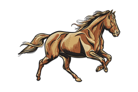 Galloping tan stallion embroidery with all four legs mid-stride, flowing mane and tail, directional muscle shading