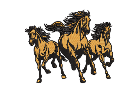 Three powerful running horses in bold orange and black fill embroidery design, muscular bodies mid-gallop, machine embroidery.