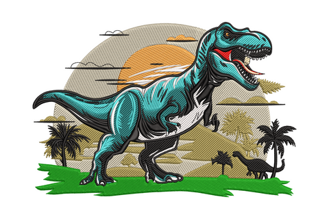 Powerful T-rex embroidery design mid-stride in teal green with golden sun disk, palm silhouettes and jungle scene background.
