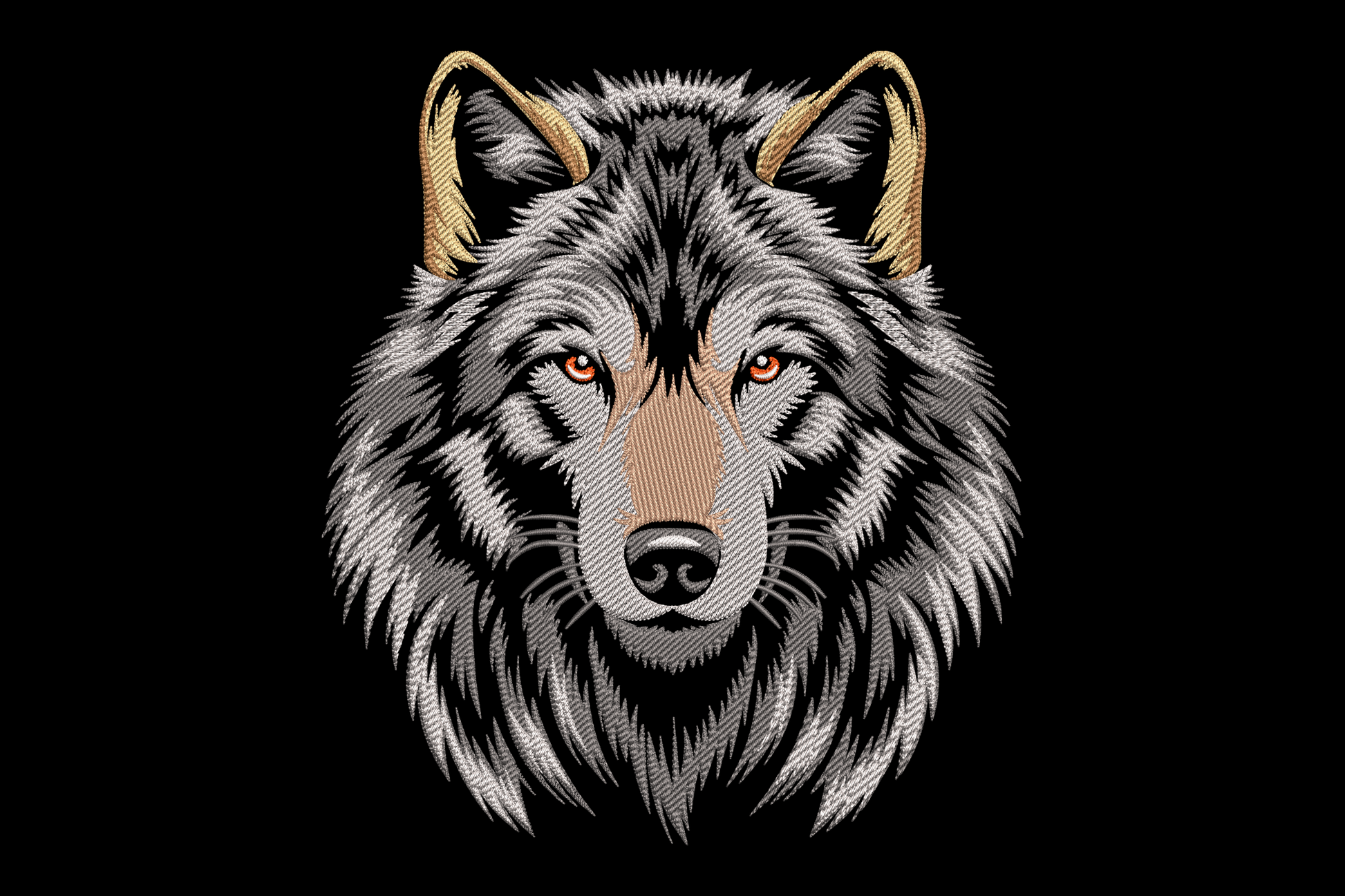 Powerful wolf portrait embroidery design with directional fur stitching, amber eyes, 7 colours, realistic wildlife style on dark background