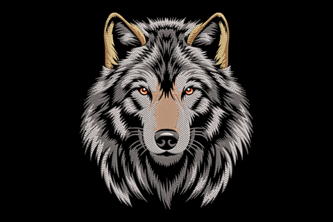 Powerful wolf portrait embroidery design with directional fur stitching, amber eyes, 7 colours, realistic wildlife style on dark background