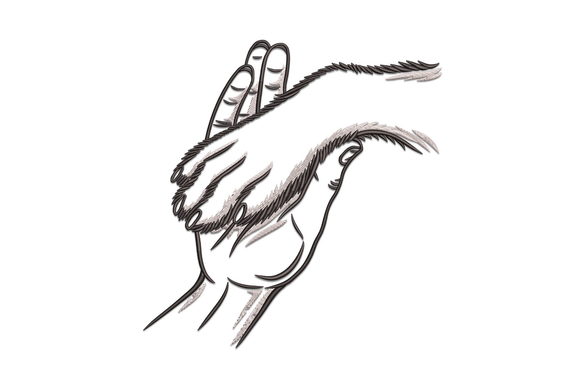 Praying hands machine embroidery design in two colours, clean satin linework with directional shading, religious faith embroidery pattern
