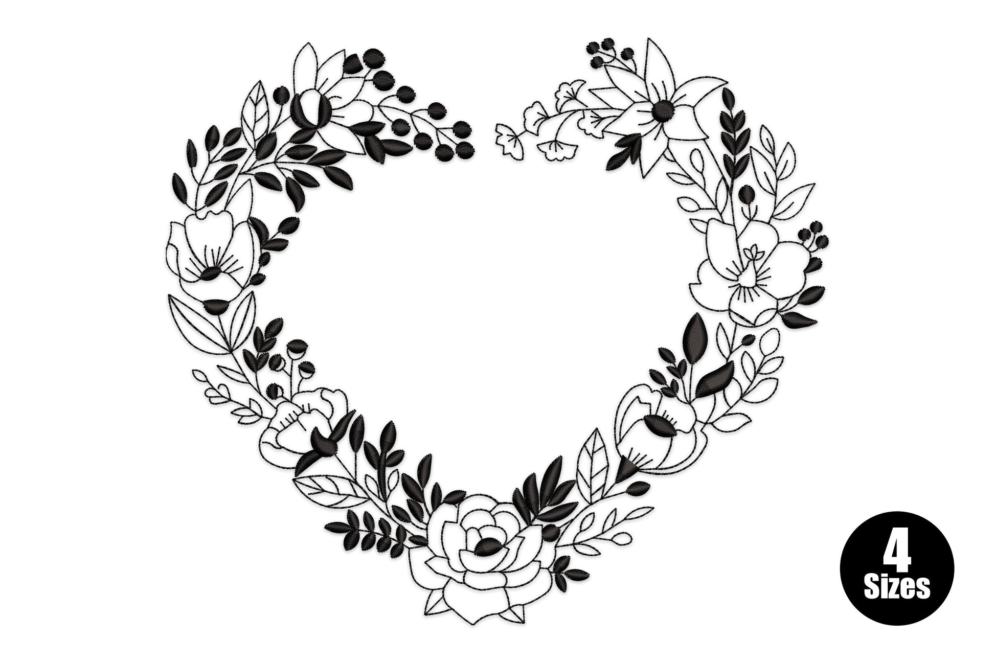 Heart frame embroidery in fine single colour line work with sketched roses, blossoms, buds, and leaves chained around the heart silhouette with open monogram centre.