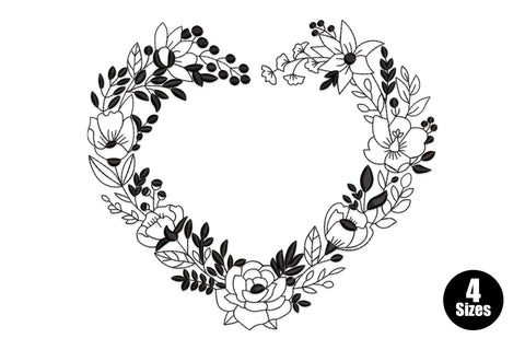 Heart frame embroidery in fine single colour line work with sketched roses, blossoms, buds, and leaves chained around the heart silhouette with open monogram centre.