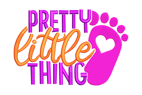 Pretty Little Thing kids embroidery with purple block letters, orange cursive, hot pink foot silhouette and heart cutout.